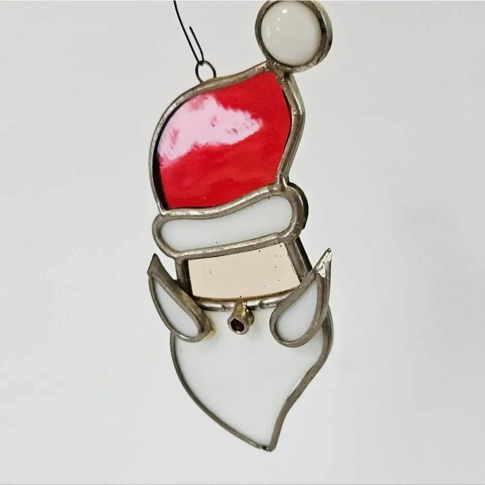 Vintage Large Stained Glass Lead Frame Heavy Santa Suncatcher Christmas Ornament